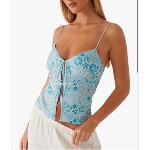 Blue Floral Embroidered Tie-Front Top